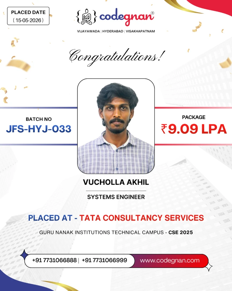 Codegnan student Vucholla Akhil placed at Tata Consultancy Services with a 9.09 LPA package.
