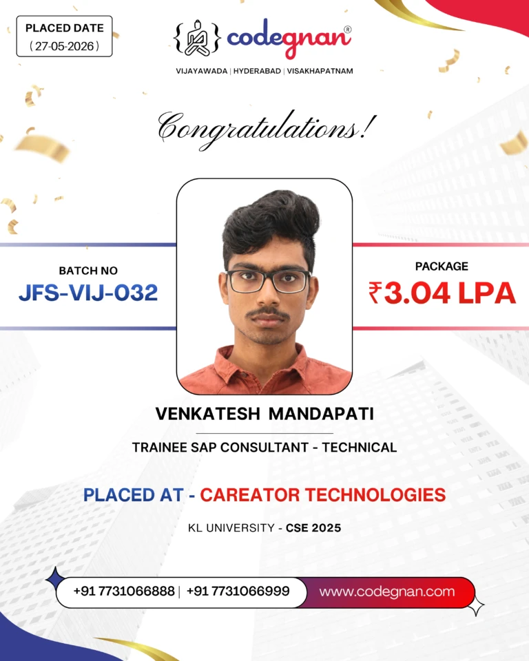 Codegnan student Venkatesh Mandapati placed at Careator Technologies with a 3.04 LPA package.