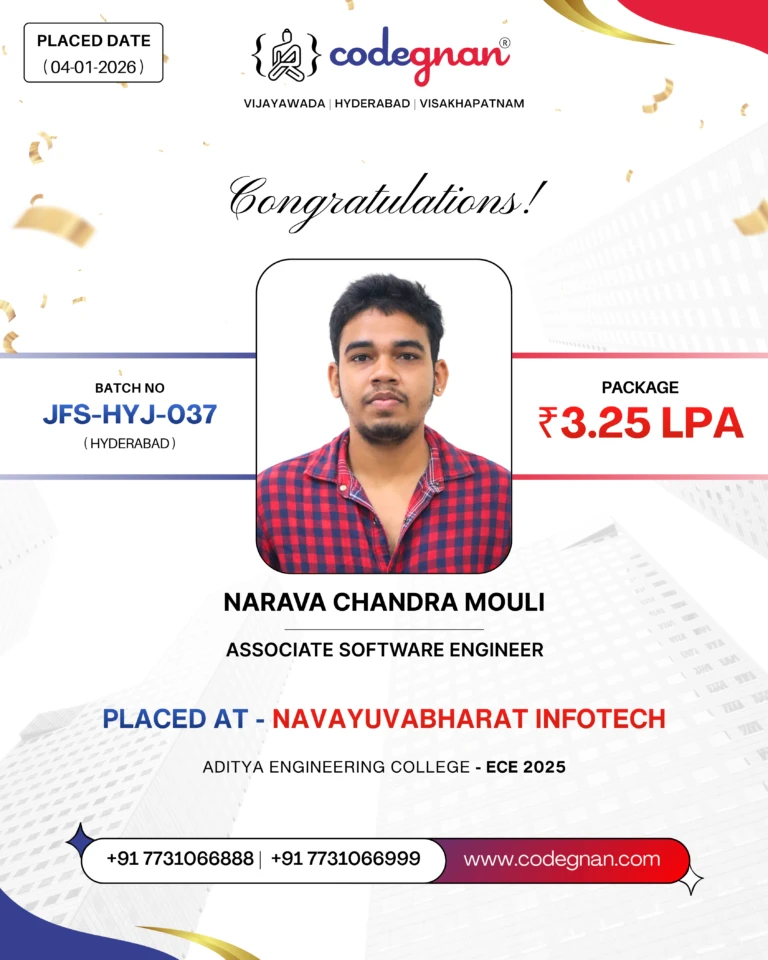 Codegnan student Narava Chandra Mouli placed at Navayuva Bharat Infotech with a 3.25 LPA package.