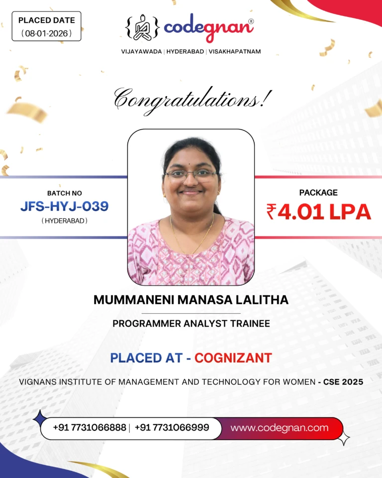 Codegnan student Mummaneni Manasa Lalitha placed at Cognizant with 4.01 LPA package