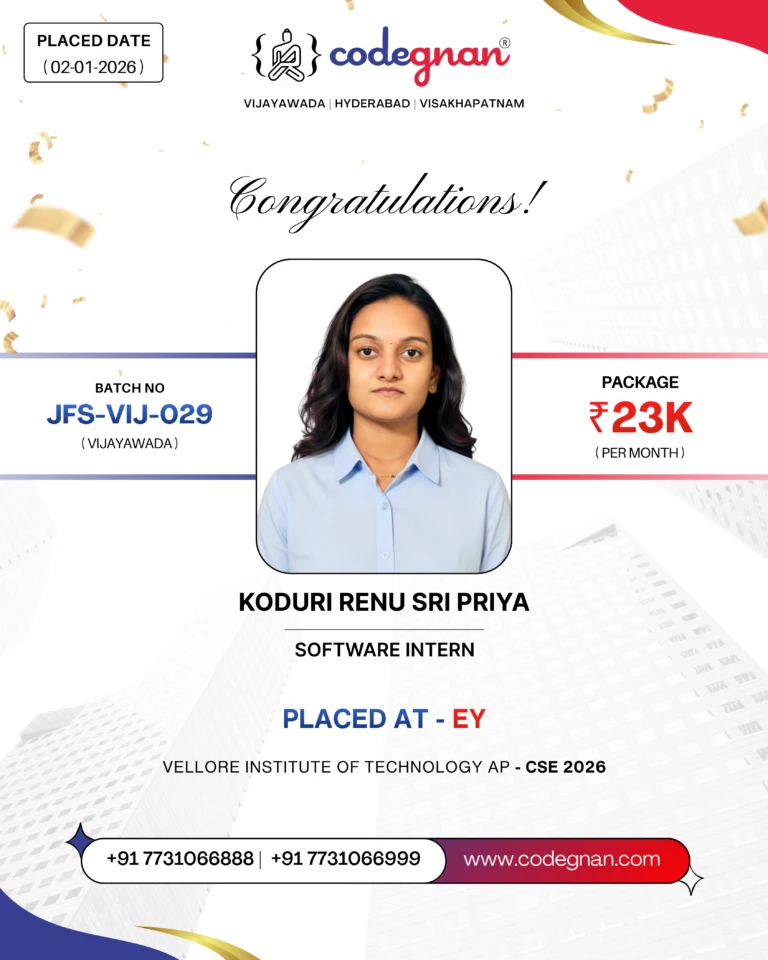 Codegnan student Koduri Renu Sri Priya placed at EY as Software Intern with ₹23K stipend