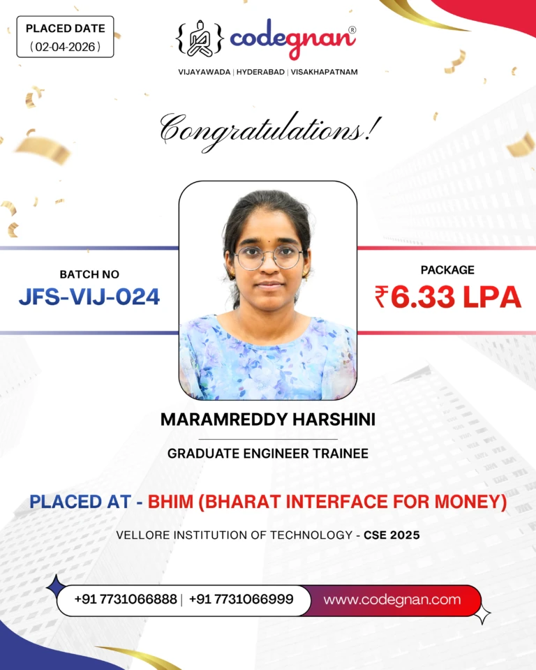 Codegnan student Maramreddy Harshini placed at BHIM (Bharat Interface for Money) with a 6.33 LPA package.